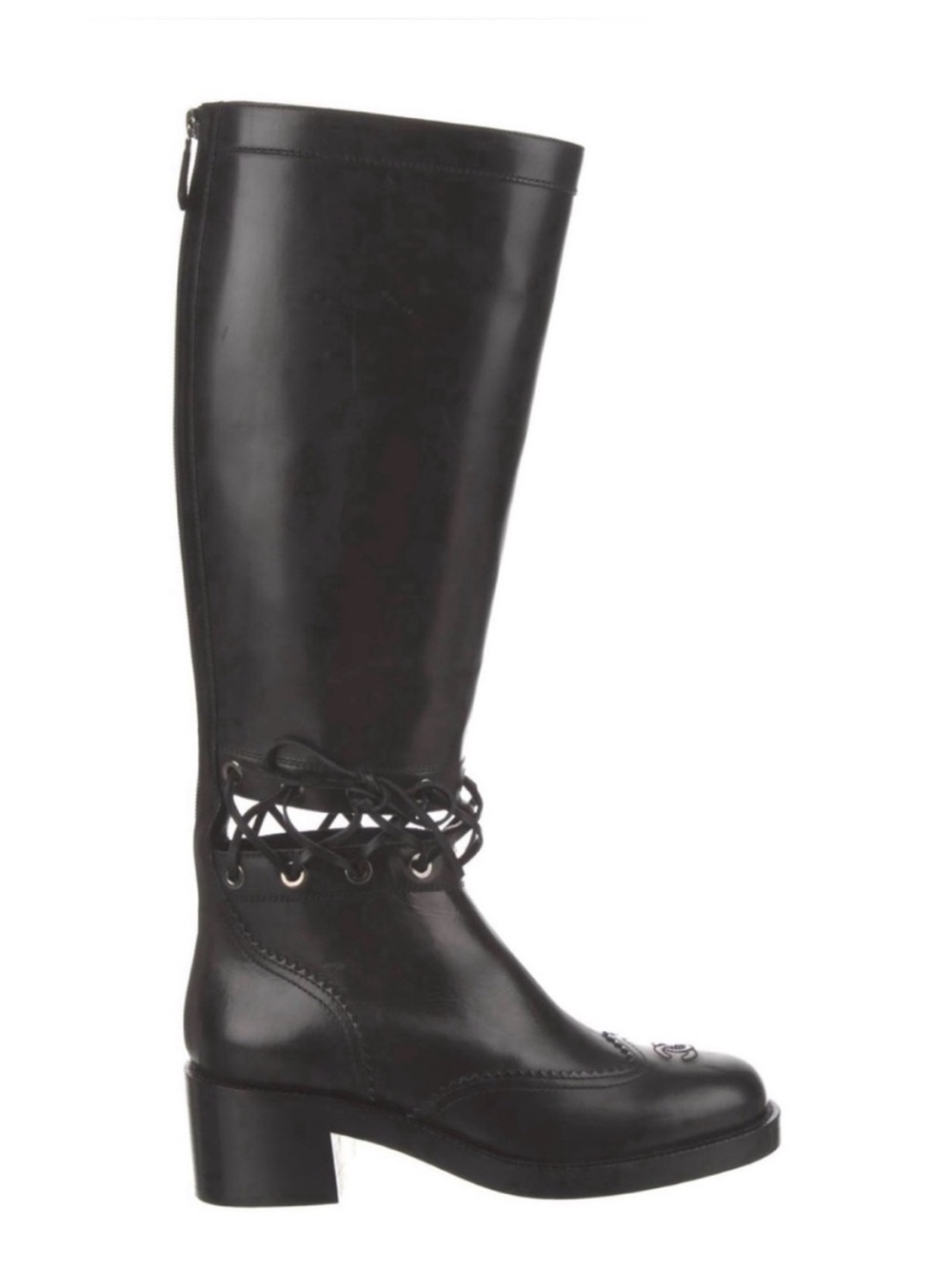 CHANEL Lagerfeld Black Leather Knee High Lace Detail Equestrian Riding Boot 38.5